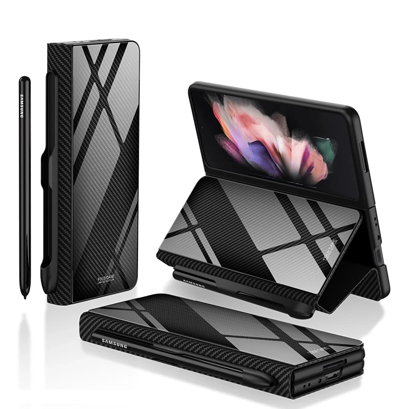

For Samsung Galaxy Z Fold 3 Case S Pen Holder Slot Leather and Tempered Glass Flip Stand Cover For Galaxy Z Fold3 (No S Pen)