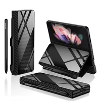 for samsung galaxy z fold 3 case s pen holder slot leather and tempered glass flip stand cover for galaxy z fold3 no s pen