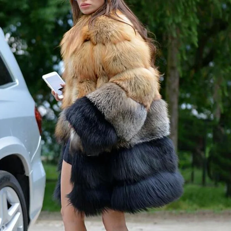 Luxurious Fashion Faux Fur Coat Autumn Winter 2021 Women Casual Warm Slim Long Faux Mink Fur Pocket Patchwork Fur Jacket Elegant