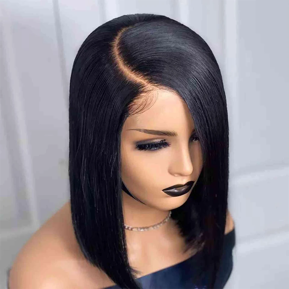 Pre Plucked Brazilian Human Hair Wigs Side Part Bob Wig for Women Natural Color T Part Lace Remy Straight Human Hair Wigs