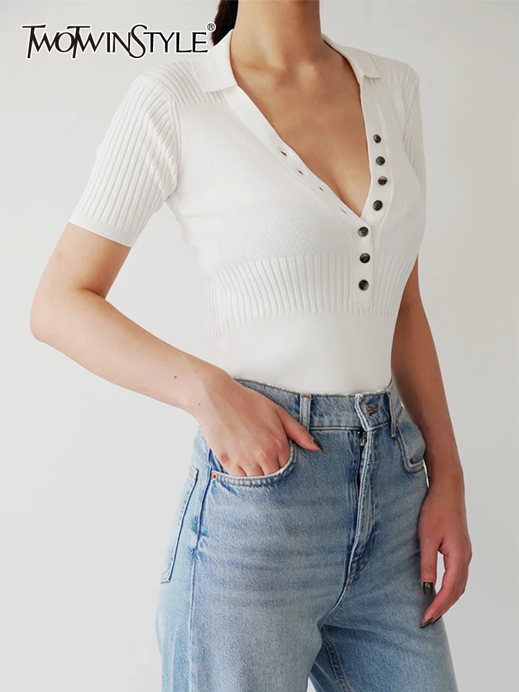 

TWOTWINSTYLE Slim Summer Jumpsuit For Women V Neck Short Sleeve Solid Minimalist Skinny Jumpsuits Female Clothing Fashion 2022