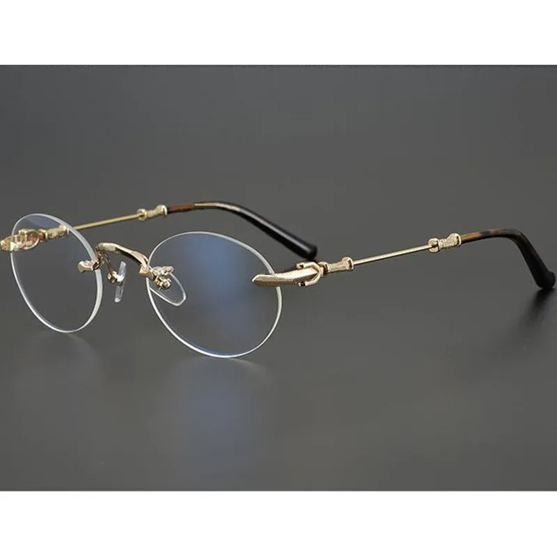 Luxury Design CHRetro-Vintage Round Rimless Silv Frame Fashion Ultralight Titanium Unisex Plano Glasses52-25-140for Prescription