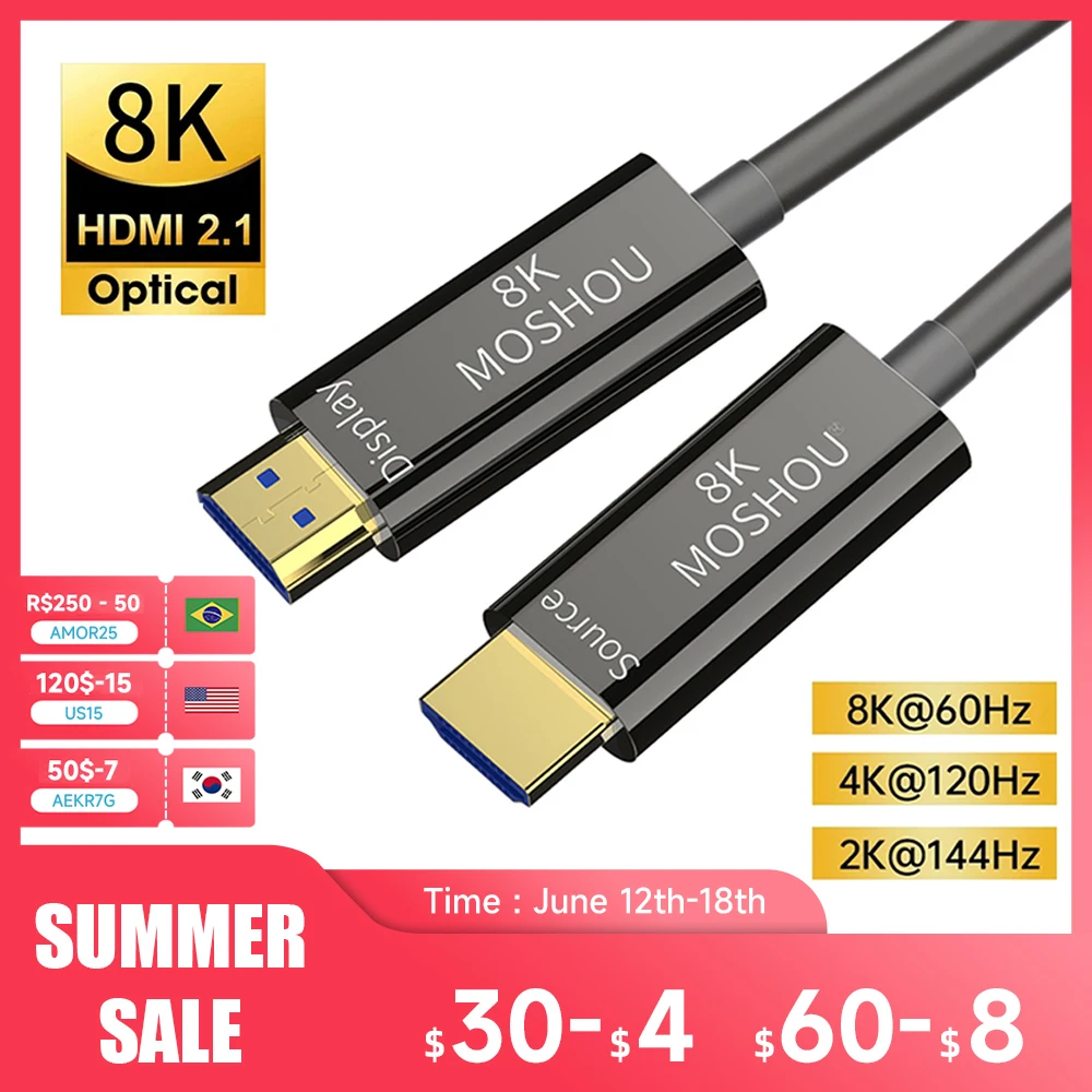 MOSHOU 8K HDMI 2.1 Optical Fiber Cable eARC HDR 8K@60Hz 4K@120Hz Soft TPU Cover Cable for Xbox PS5 Samsung QLED TV Amplifier