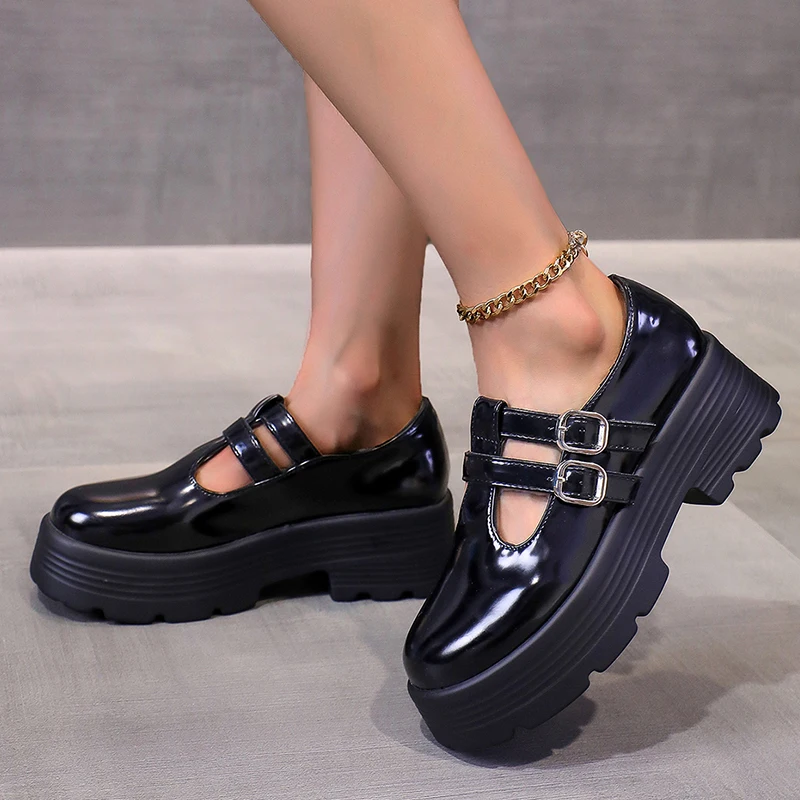 

Lucyever Black Chunky Gothic Shoes Women Double Buckle Punk Platform Mary Jane Shoes Woman Pu Leather Round Toe Pumps Female