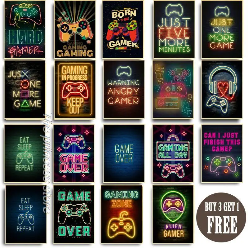 

Vintage Kraft Paper Neon Art Plaque Sign Eat Sleep Game Repeat Gaming Home Wall Decor Poster