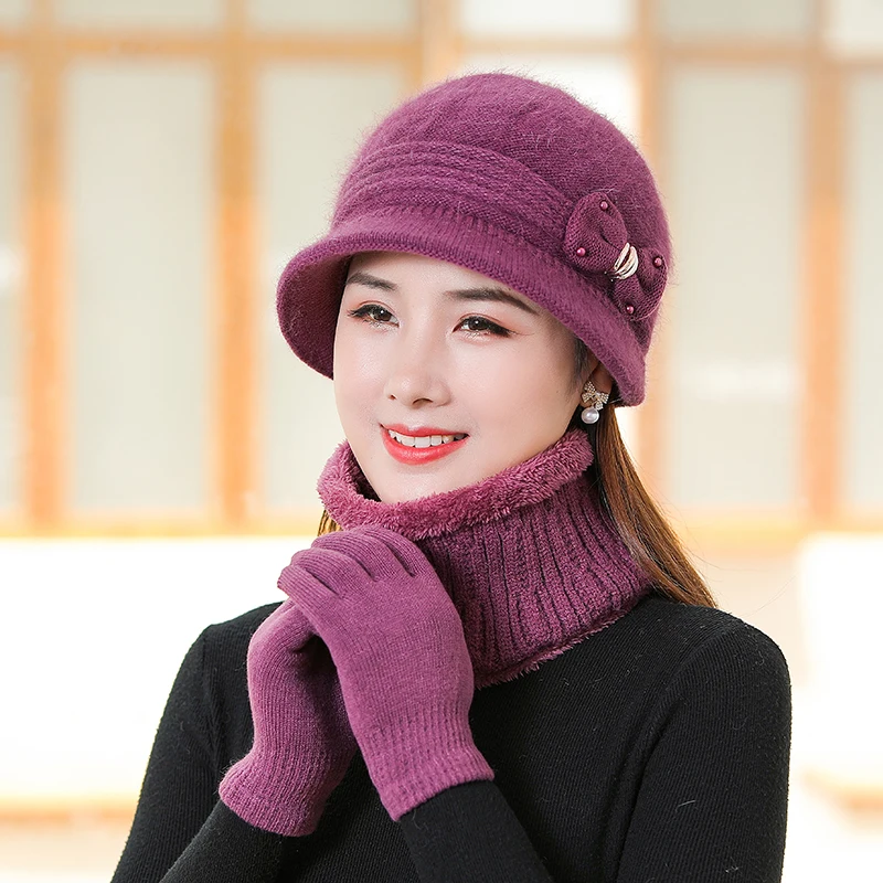 

Новинка 2022, зимняя плотная Теплая Бархатная вязаная шапка и шарф для женщин, элегантная Панама с бантом из кроличьего меха, подарок для мате...