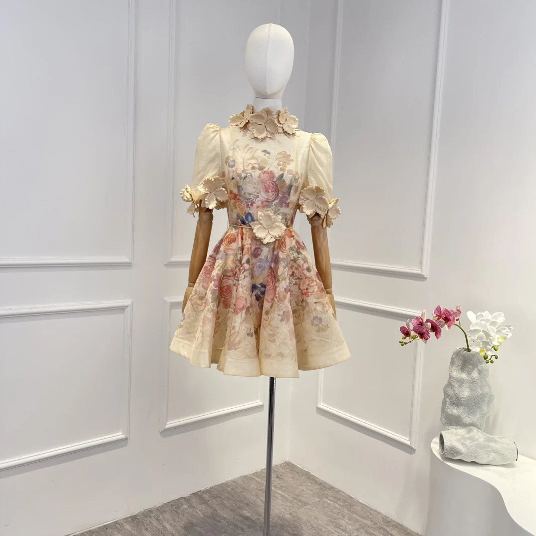 

2023 New Beige Silk Linen Spring Summer High Quality Appliques Floral Printing A-line Woman Mini Dress