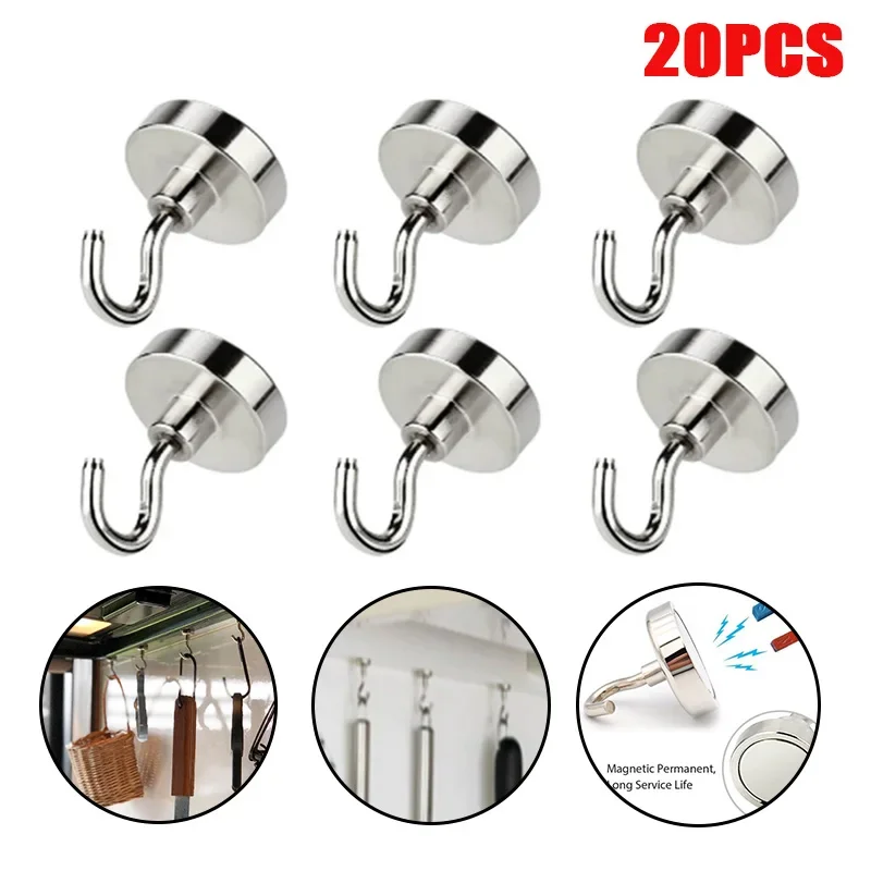 

10/20PCS Magnetic Hook Neodymium Magnet E10/16/20 Electroplating Metal Strong Hook Thick Wall Hook for Home Kitchen Organization