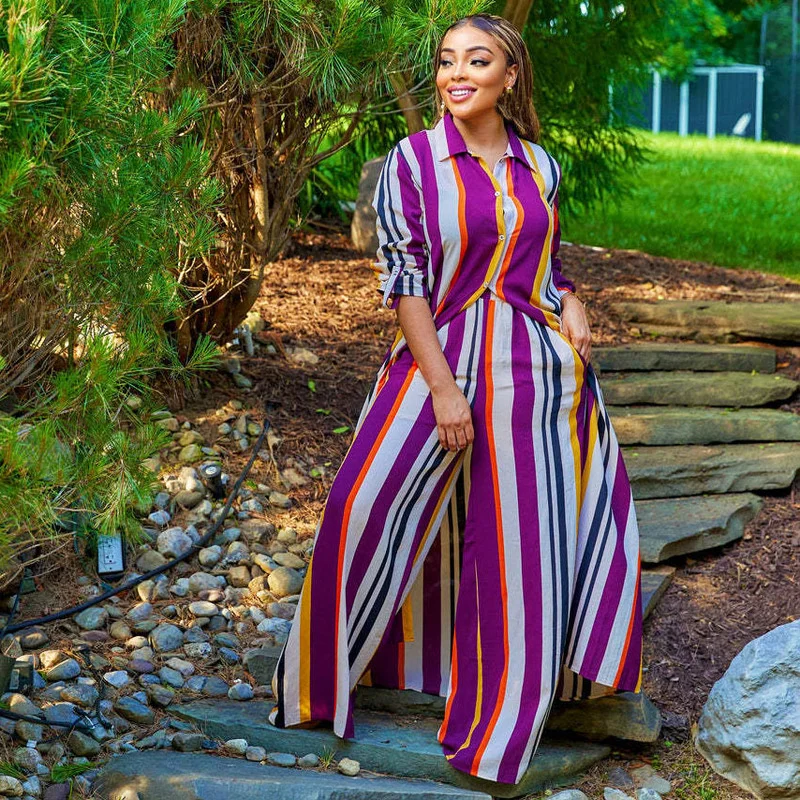 

WUHE Fall Fashion 2022 Striped Women Loose Straight Pants Suit and Long Shirt Blouses Street Tracksuit Two Piece Set