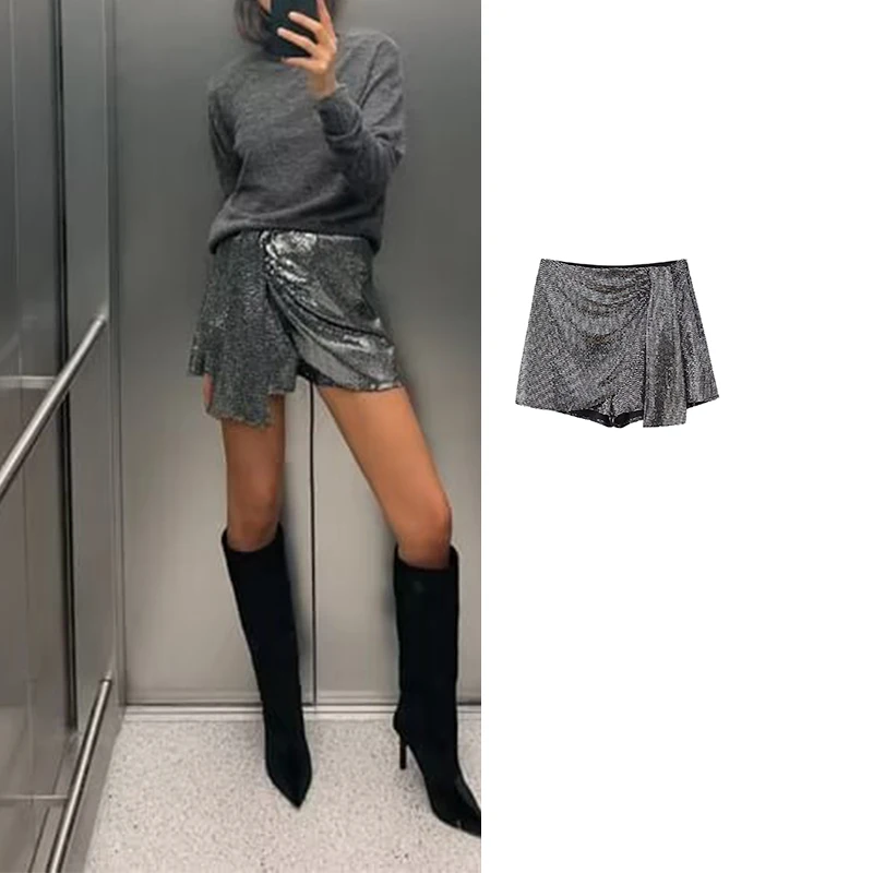 

TRAF New Fringing Women's Skorts Light Mini Skirt Shorts WomenWrap High Waist Pantskirt Woman Autumn Elegant Women's Skirts