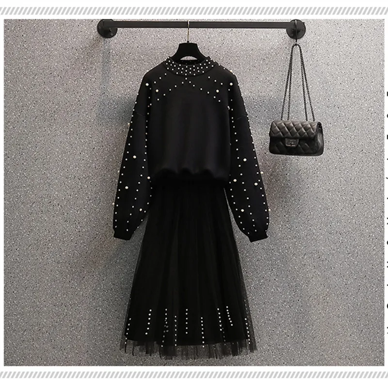 

Elegant Women Autumn Beaded Knitted Two Pieces Sets Korean Long Sleeve Pullover Sweater Top And High Waist Skirts Sets chic big