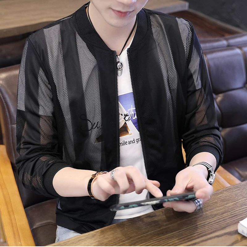 

Summer Thin Jackets Men Breathable Slim Fit Bomber Jacket Sun Protection Clothing Stand Collar Hollow Streetwear Outwear Coats