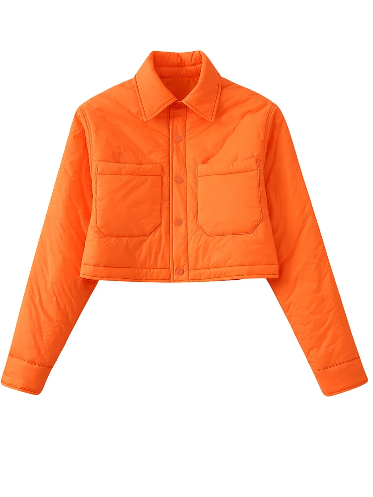 PAILETE Women 2022 fashion front pockets cropped quilted overshirt vintage lapel long sleeve female outerwear chic overshirt