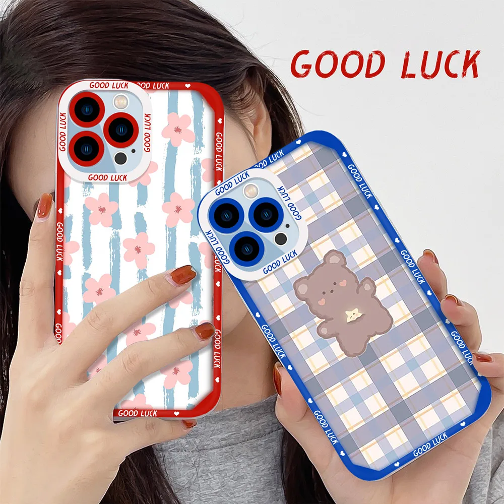 

Cute Flower Plaid Bear Case for IPhone 12 13 11 Pro MAX Mini X XS XR SE2020 7 8 Plus Silicone Back Shell Covers Bumper Fundas