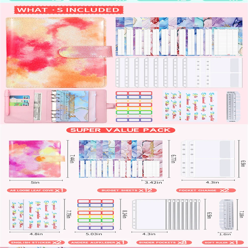 

A6 Watercolor Budget Binder Cash Envelope Organizer Colorful Cash Saving Book Pu Leather Notebook Binder Organizer Wallet Binder