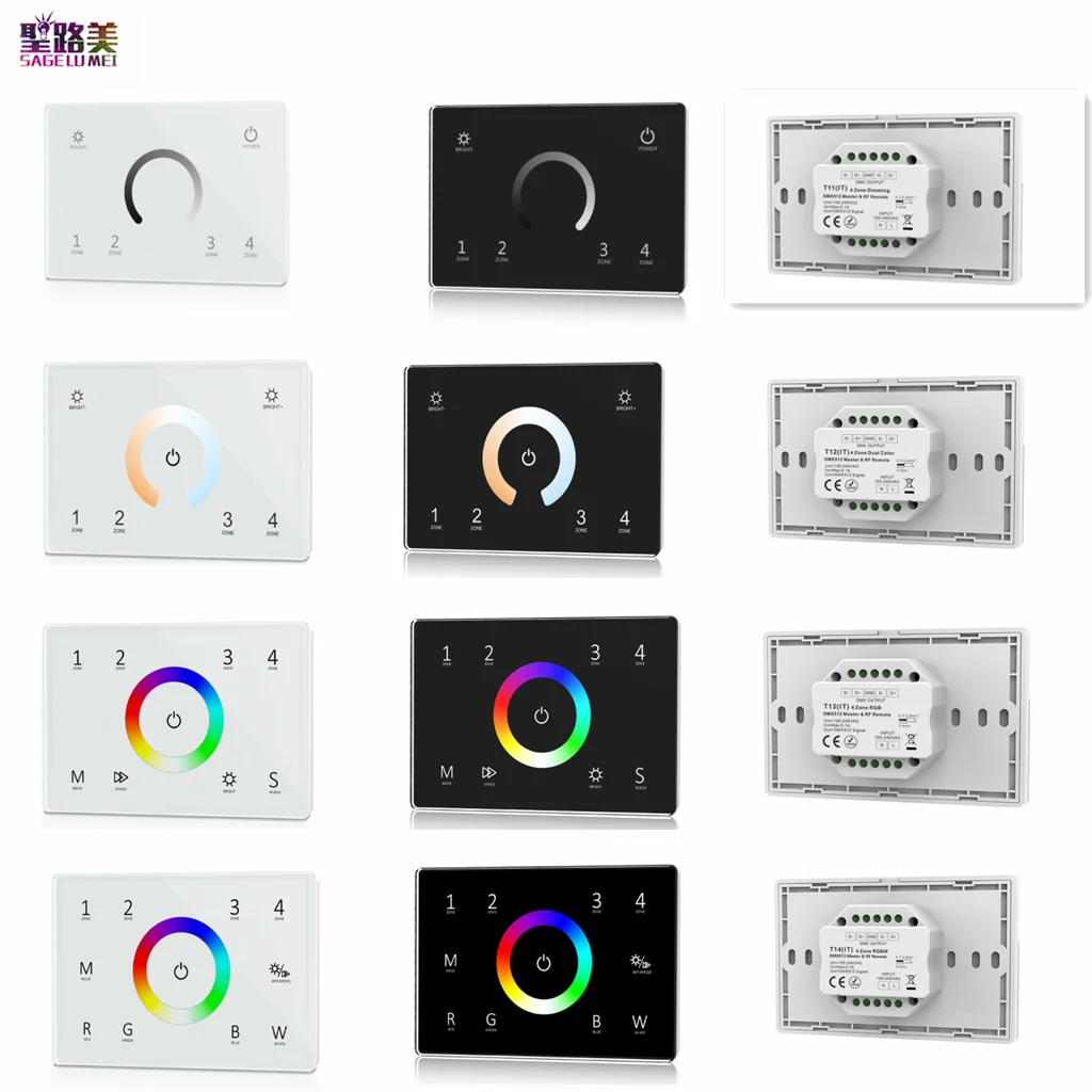 

110-240VAC Input T11(IT) 4 Zones Dimming Glass Touch Panel DMX Master T12 CCT / T13 RGB / T14 RGBW DMX512 2.4G RF AC Controller