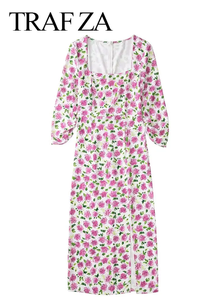 

TRAF ZA Ladies Square Neck Floral Dress Side Slit Long Sleeve Sexy Slim Retro Street Country Style Fashion Midi Dress Clothing