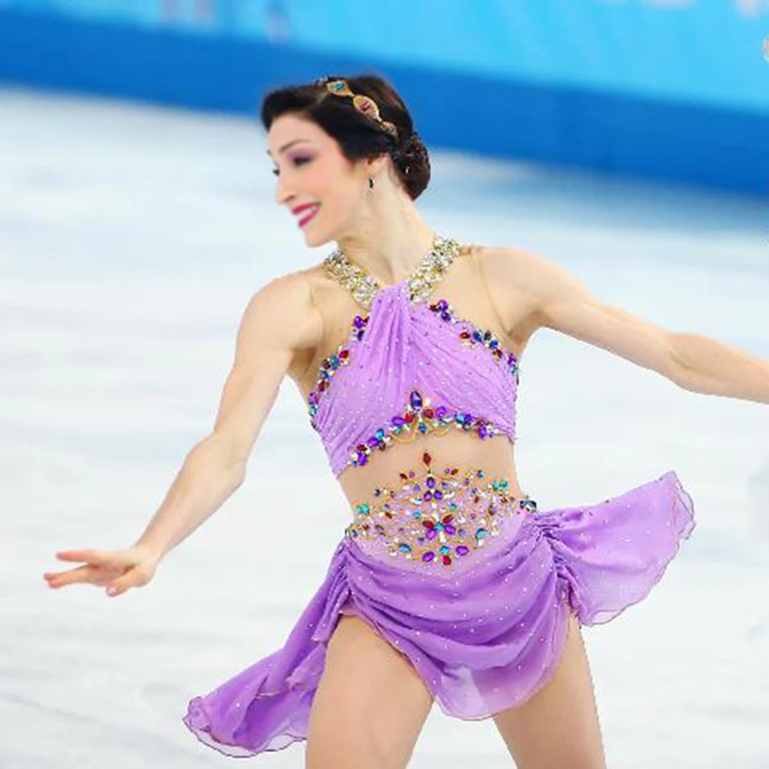 

Customized Violet Figure Ice Skating Dress For Competition Rhinestone Mesh Splice Sleeveless Figure Skating Clothes
