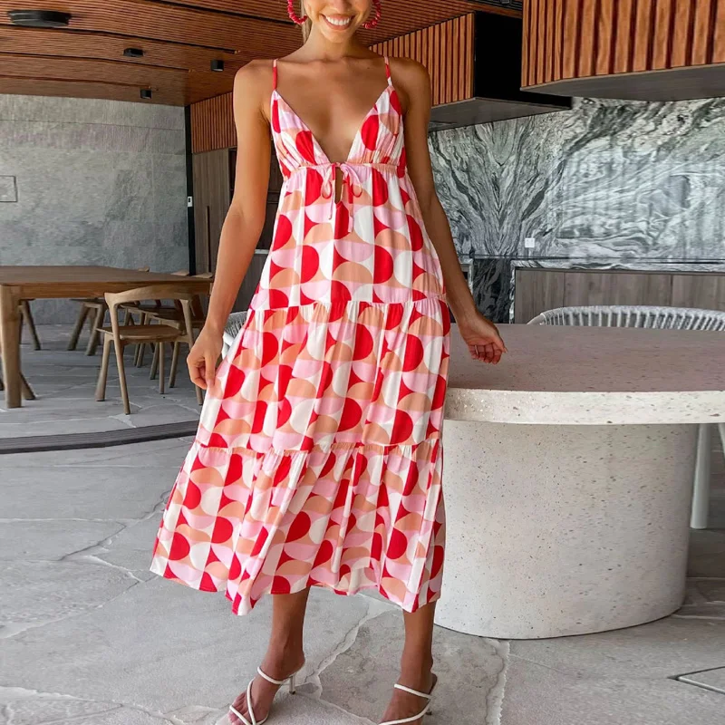 

Fashion Print V-Neck Holiday Long Dress Vestidos Summer Sexy Sling Loose Pleated Dress Women Casual Sleeveless Beach Party Dress