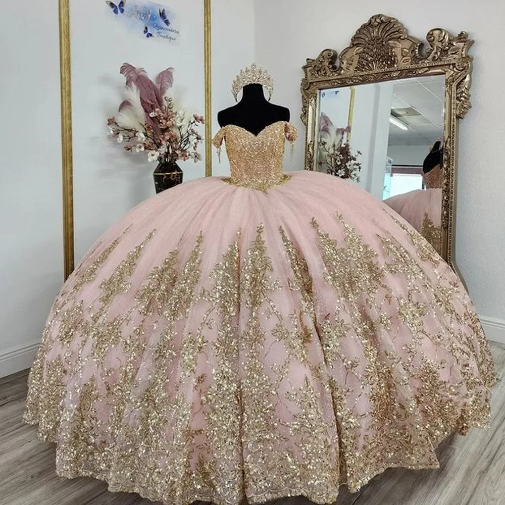 Angelsbridep Блестящие розовые платья Quinceanera с открытыми плечами блестящий золотой