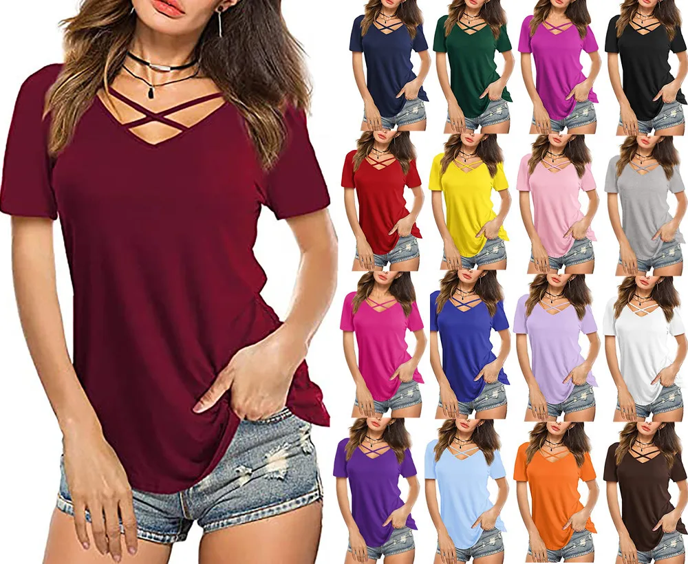 

2022 new women's clothing front cross V-neck short-sleeved loose T-shirt women