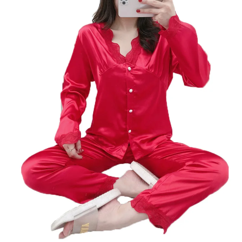 

Женская атласная пижама с длинным рукавом, кружевная Шелковая пижама в Корейском стиле