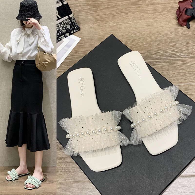 

Korean Women's Block Heels Slippers Woven Tressees Backless Mules Talons Feminino Ladies Elegant Fringe Slides Shoes