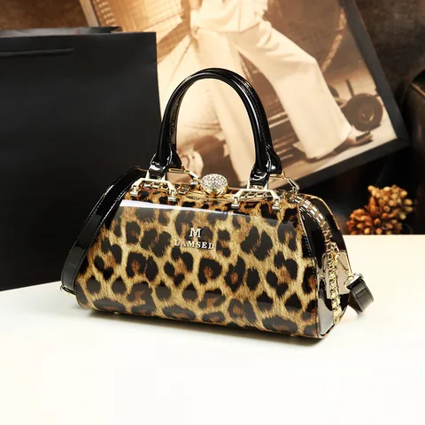 2023 New Stylish Women Dinner Bag Luxury Patent Leather Top Handle Bags Shoulder Handbag Leopard Print Clutch Purse Noble Tote