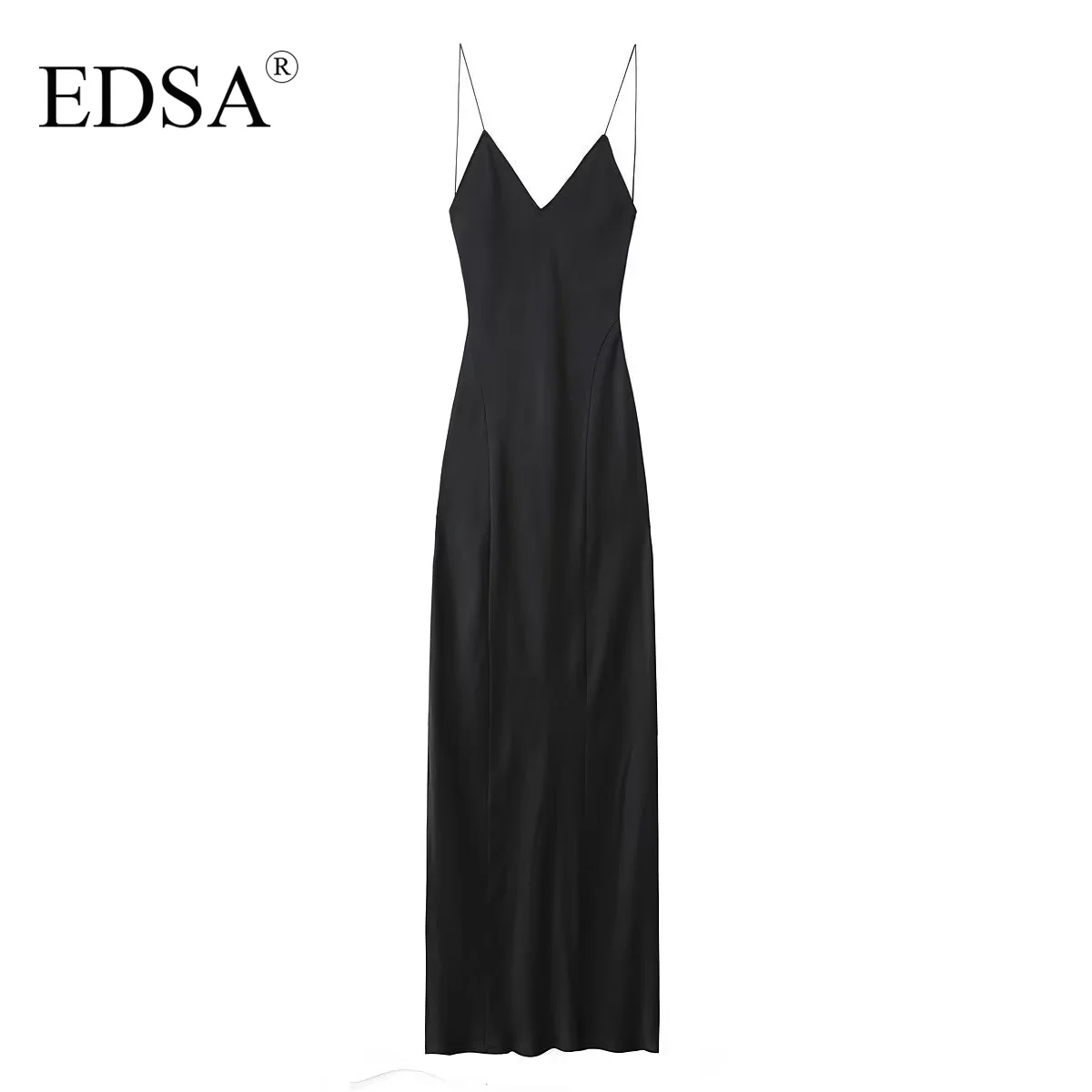 

Женское атласное платье-миди с открытой спиной и тонкими бретельками