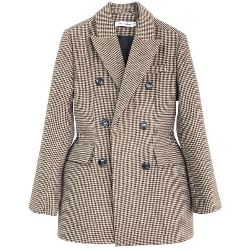 Women Winter Retro Plaid Woolen Blazer Straight Fashion Double-breasted Wool Blends Outwear