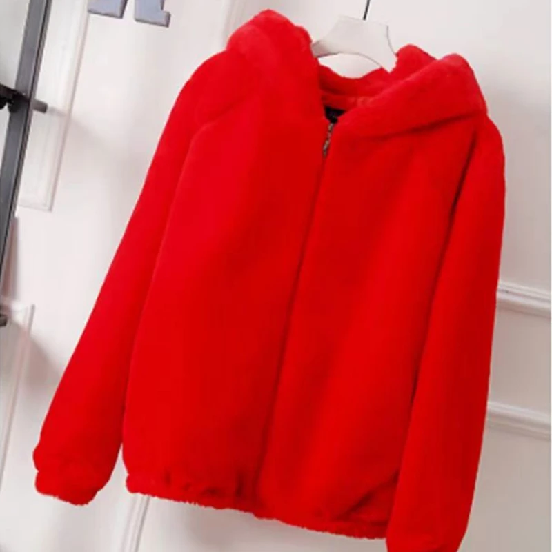 2022 Women's Jacket White Grey Pink Rabbit Imitation Fur Outcoat Lady Artificial Fur Hooded Soft Winter Grass Mink Faux Fur Coat