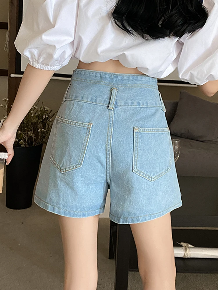 New Spring Summer Women High Waist Button Blue Denim Shorts Casual Female Wide Leg Lace Up Jeans Shorts Bottoms
