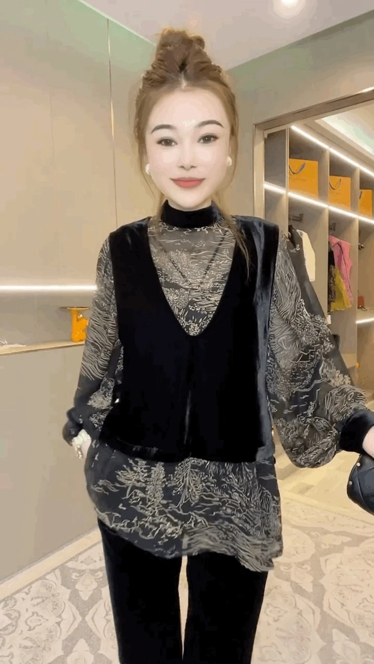 Золотистый бархатный жилет шифоновые рубашки с большими рукавами комплект из