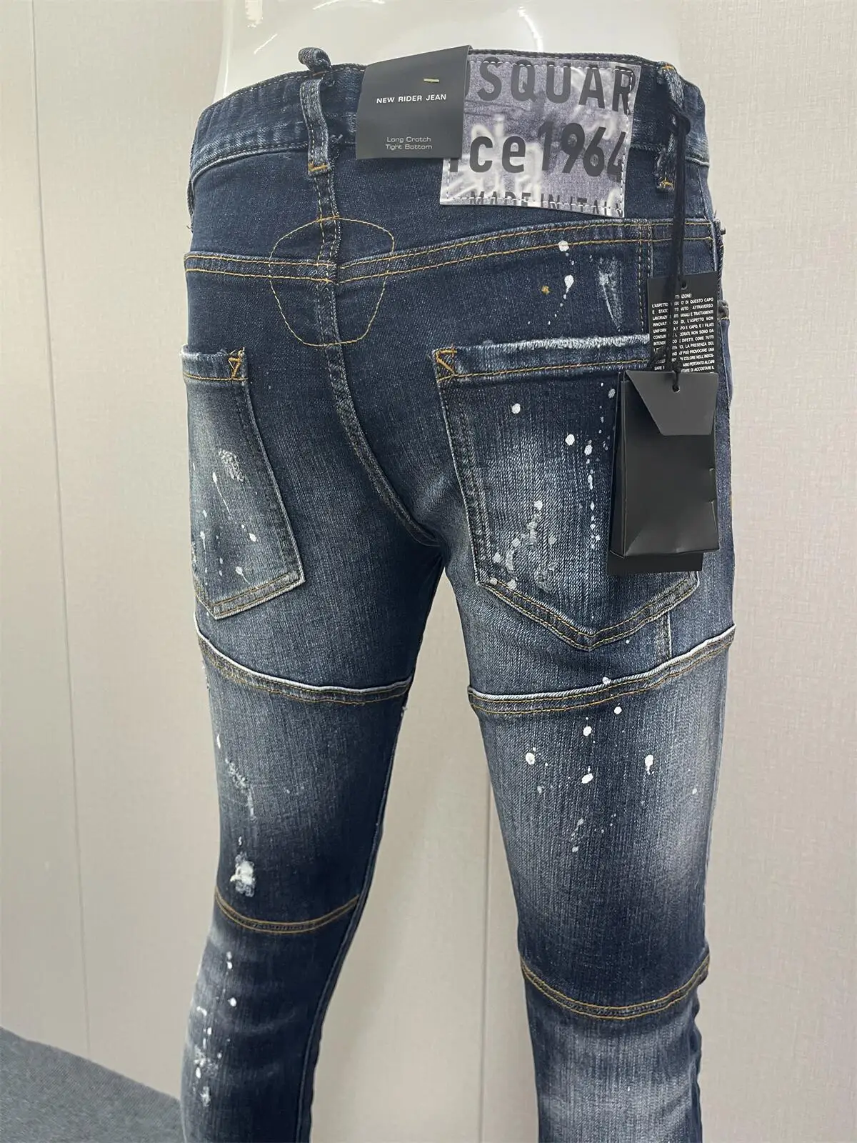 2023 Spring/Summer New  Jeans Fashion Men's Water Wash Worn Hole Patch Paint Speckled Ink Slim Fit Small Feet Blue Denim Pants