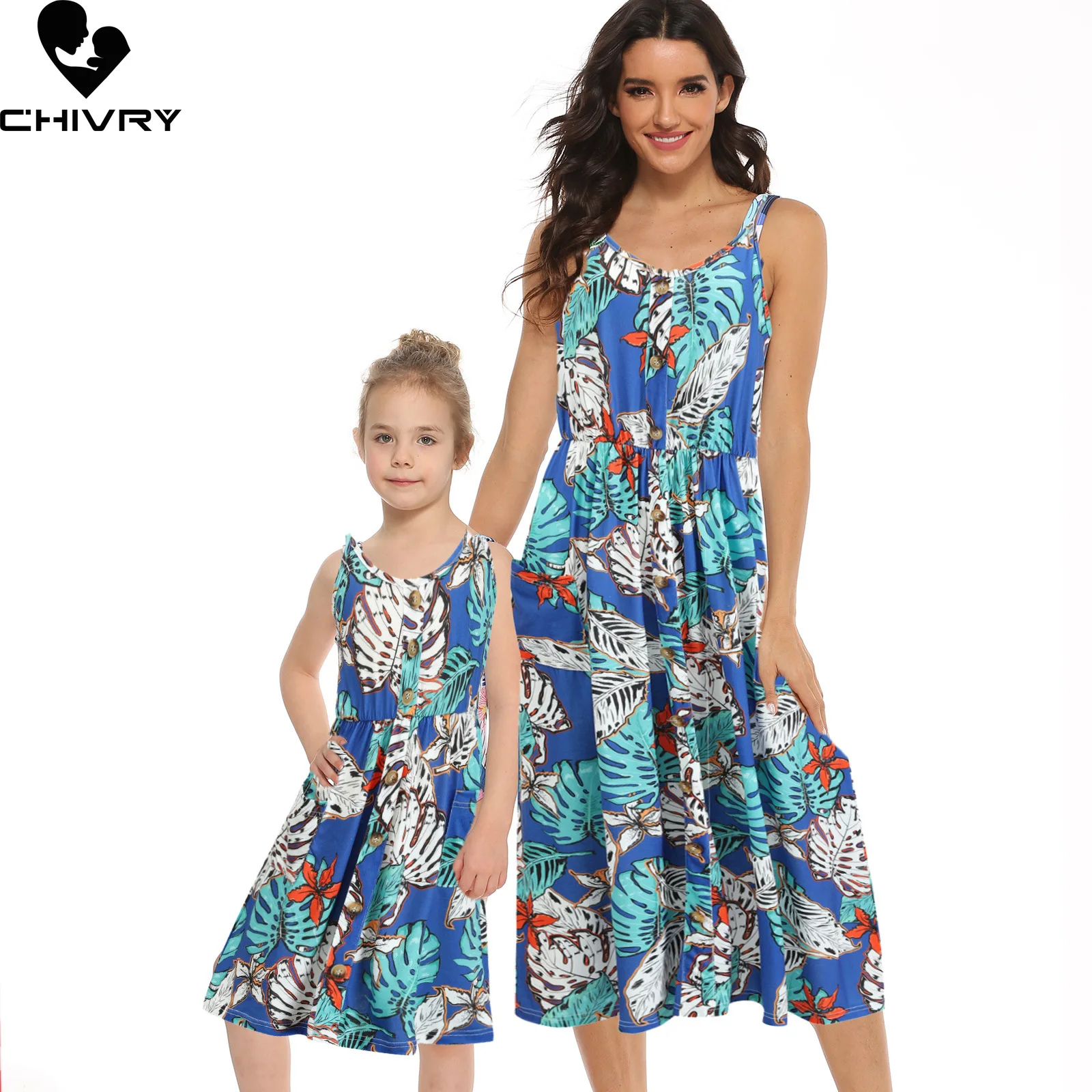 

New Mother Daughter Summer Dresses Sleeveless Flower Leopard Print Button Dress Mom Mommy and Me Dress Family Matching Outfits