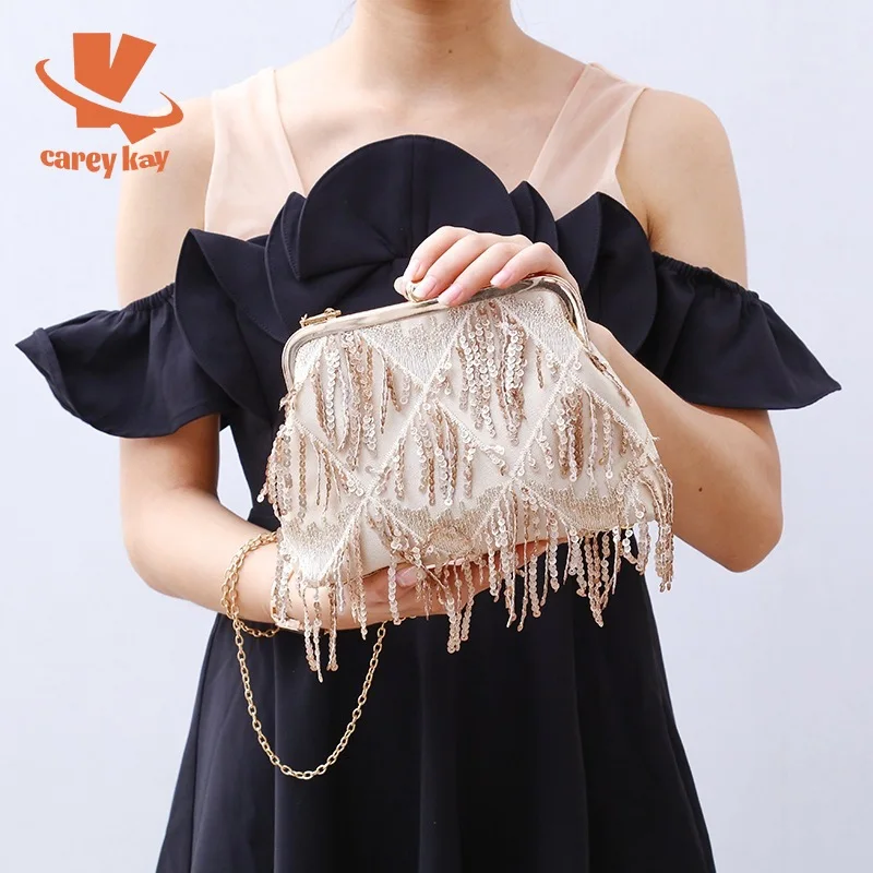 

CAREY KAY Women Elegant Champagne Sequined Tassel Evening Bags Female Metal Clutch Party Chain Shoulder Luxury Handbags Purses