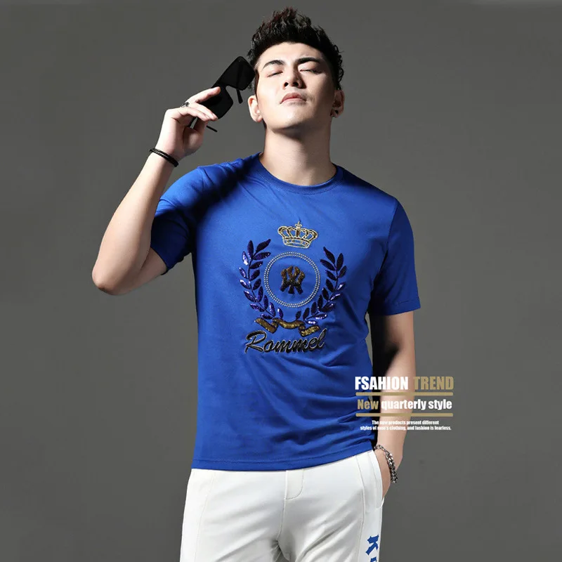 

Men's T-shirt Handsome Heavy Craft N Y Sequins Embroidery 2022 New Summer Mercerized Cotton Male Tees Cool Man Slim Clothing 5XL
