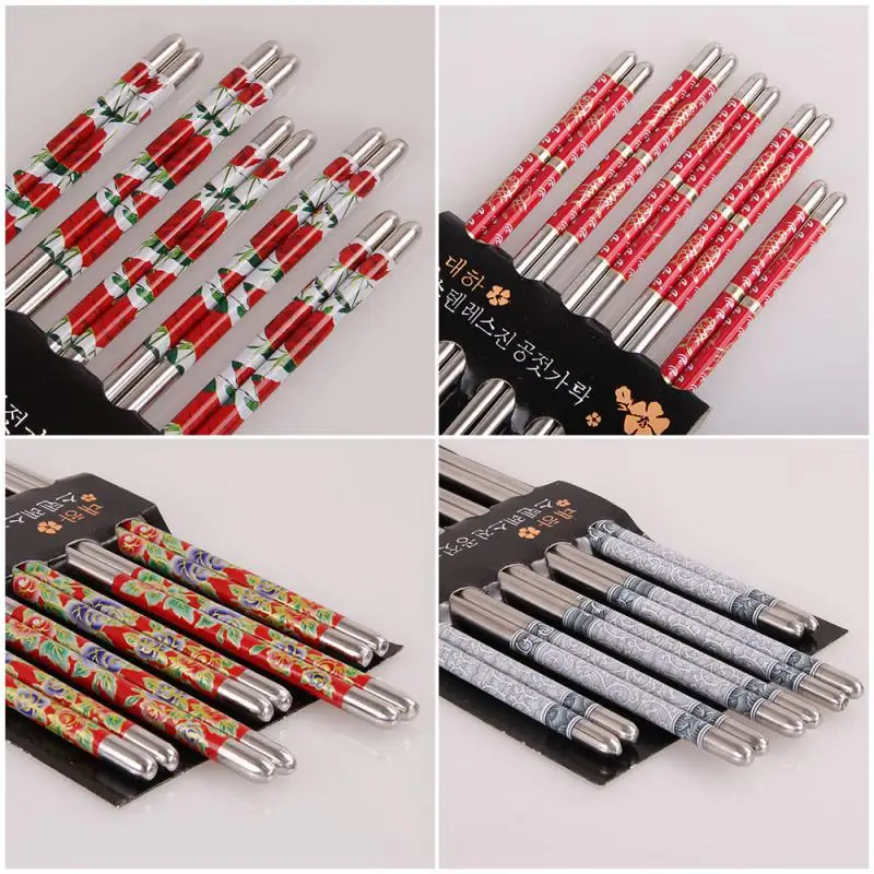 

5 Pairs Durable Chinese Traditional Food Stick Pattern Stainless Steel Flower Chopsticks Tableware Christmas Gifts 8.8 Inch