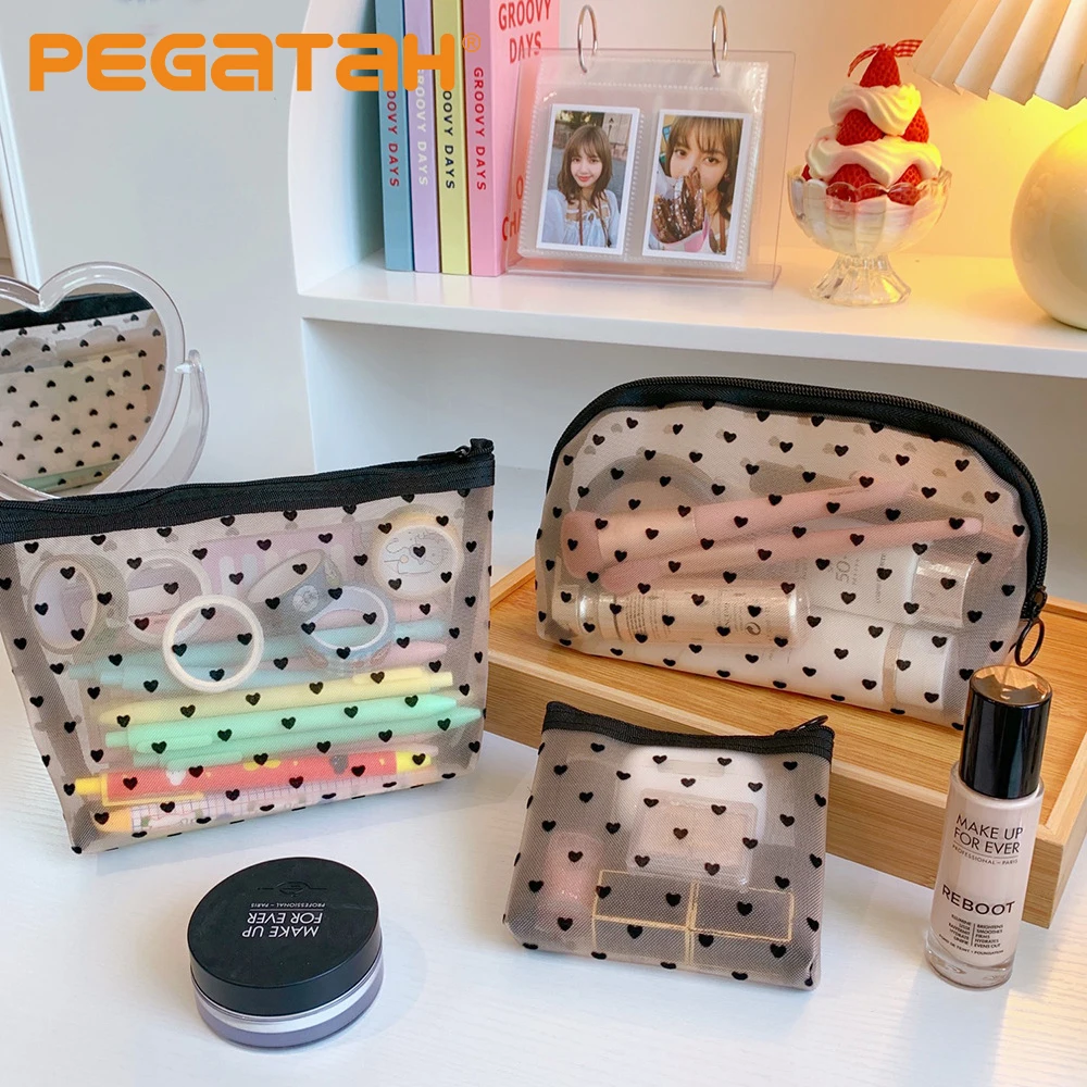 

Makeup Bags Case Mesh Cosmetic Holder Cute Transparent Zipper Black Heart Printed Pencil Pen Case Pouch Convenient To Carry