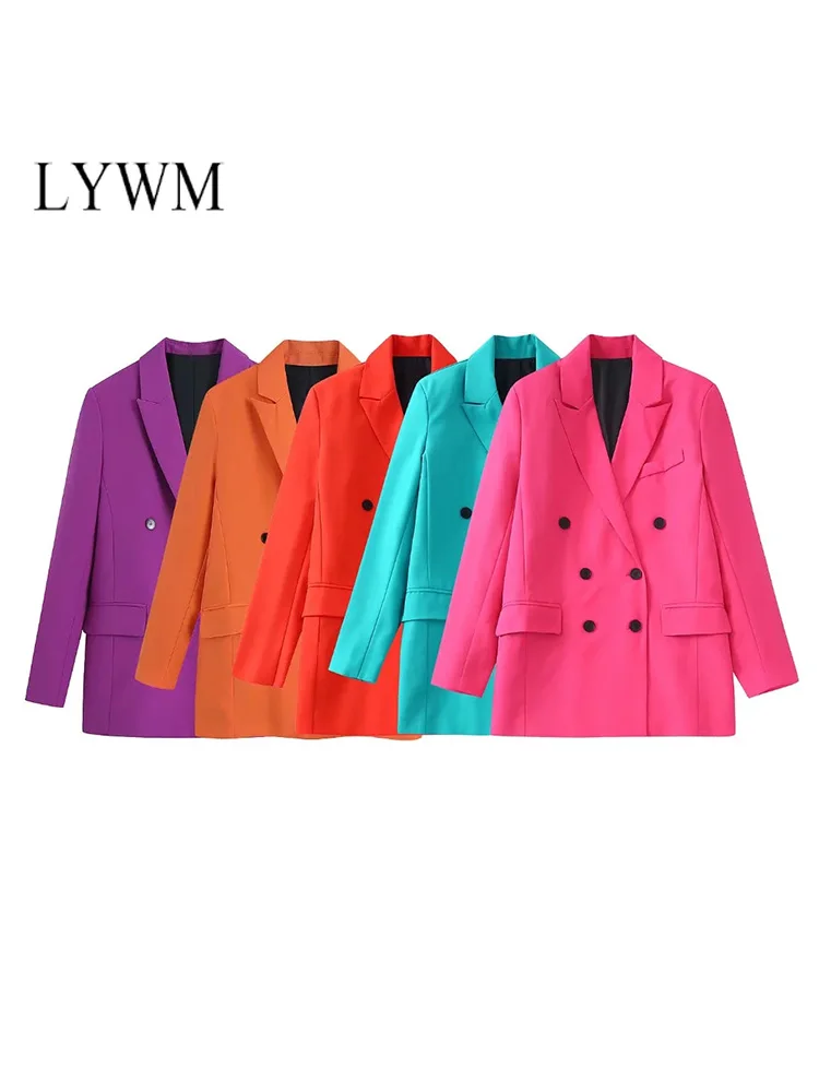 

LYWM Women Fashion Blazer Coat Vintage Long Sleeve Double Breasted Female Outerwear Jackets Chic Tops