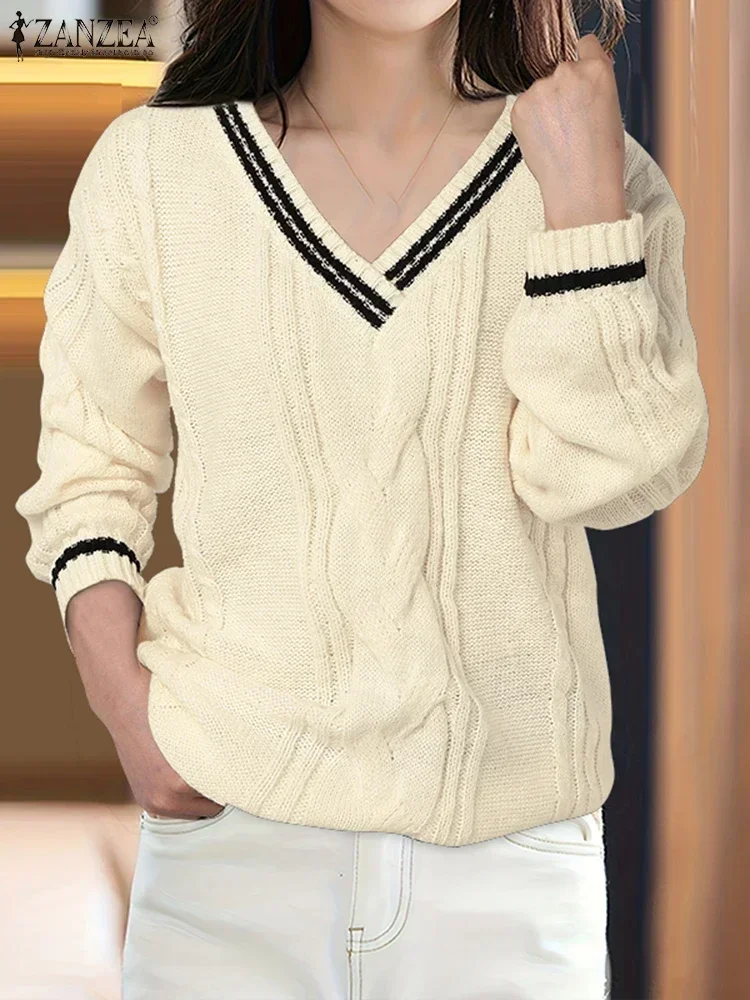 ZANZEA зимние женские свитера повседневные вязаные лоскутные джемперы осенние