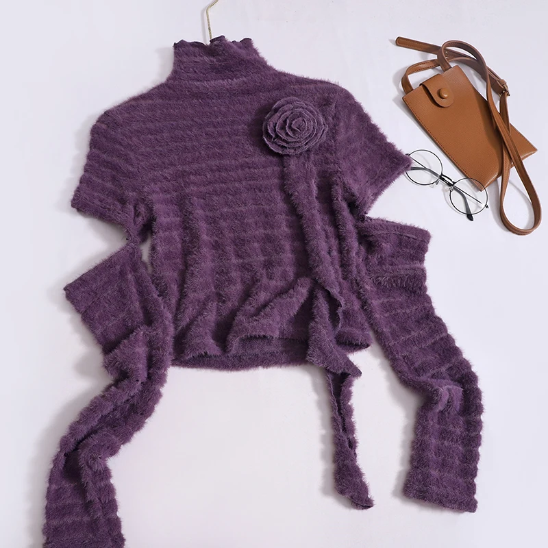 

Fashion Half-high Collar Strap Sleeve t-shirts Women Autumn New Design Three-dimensional Flower Soft Waxy Short Tops Elegant