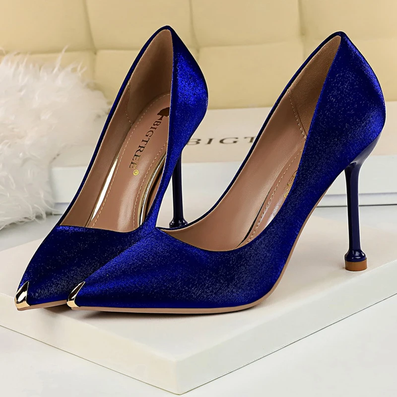 2022 New Women Pumps Spring High Heels Satin Luxurious Banquet Shoes Stiletto Metal Tip Heels Women Party Shoes