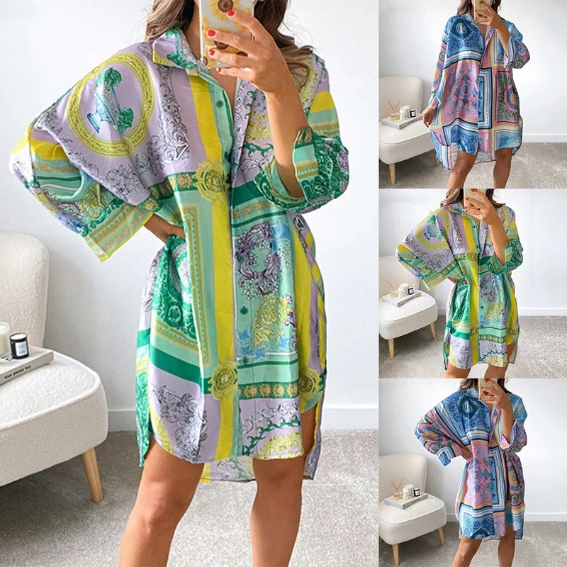 

Summer Long Sleeve Shirt Dress Women V Neck Y2K Print Loose Beach Sexy Party Casual Dresses