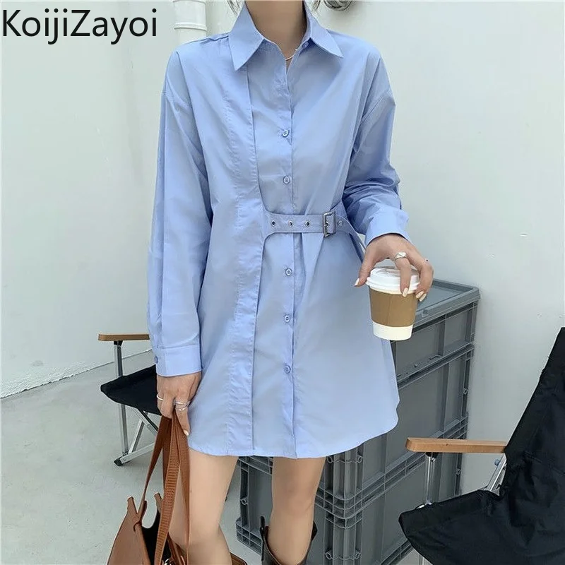 

Koijizayoi Women Spring Shirt Dress Office Lady Basic Fashion Belted Mini Short Dresses Korean Vestidos Jupe Femme Ropa Mujer