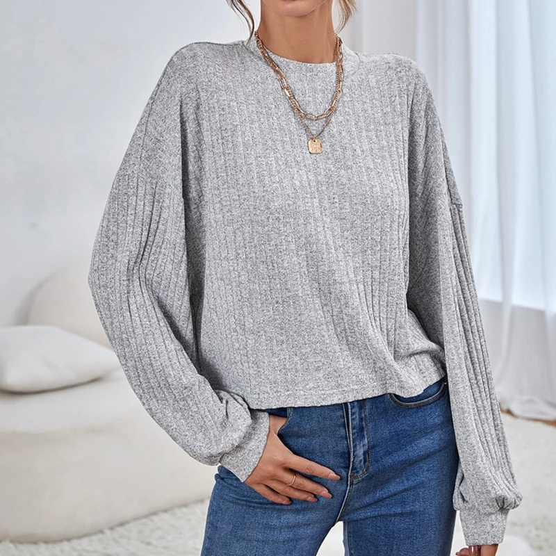 

Women Autumn Puff Long Sleeve Round Neck T-Shirts Ribbed Knitted Striped Solid Color Casual Loose Pullover Tee Tops Blouse