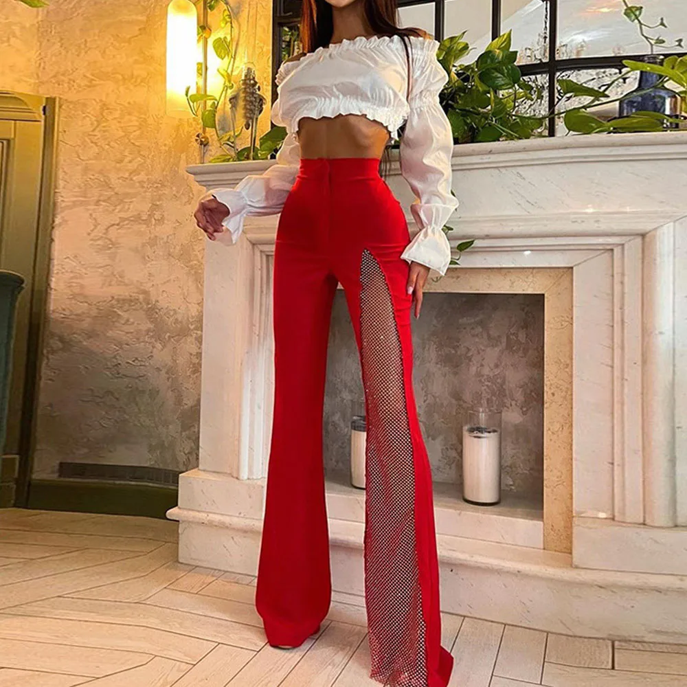 

Spring Summer Fashion Clubwear Patchwork Mesh Long Pants Women Solid Skinny High Waist Flare Pants Trousers for Female