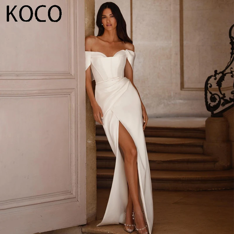 

MACDOUGAL Mermaid Prom Wedding Dresses Off The Shoulder White Satin Evening Dress Formal Floor Length High Split Gowns Custom