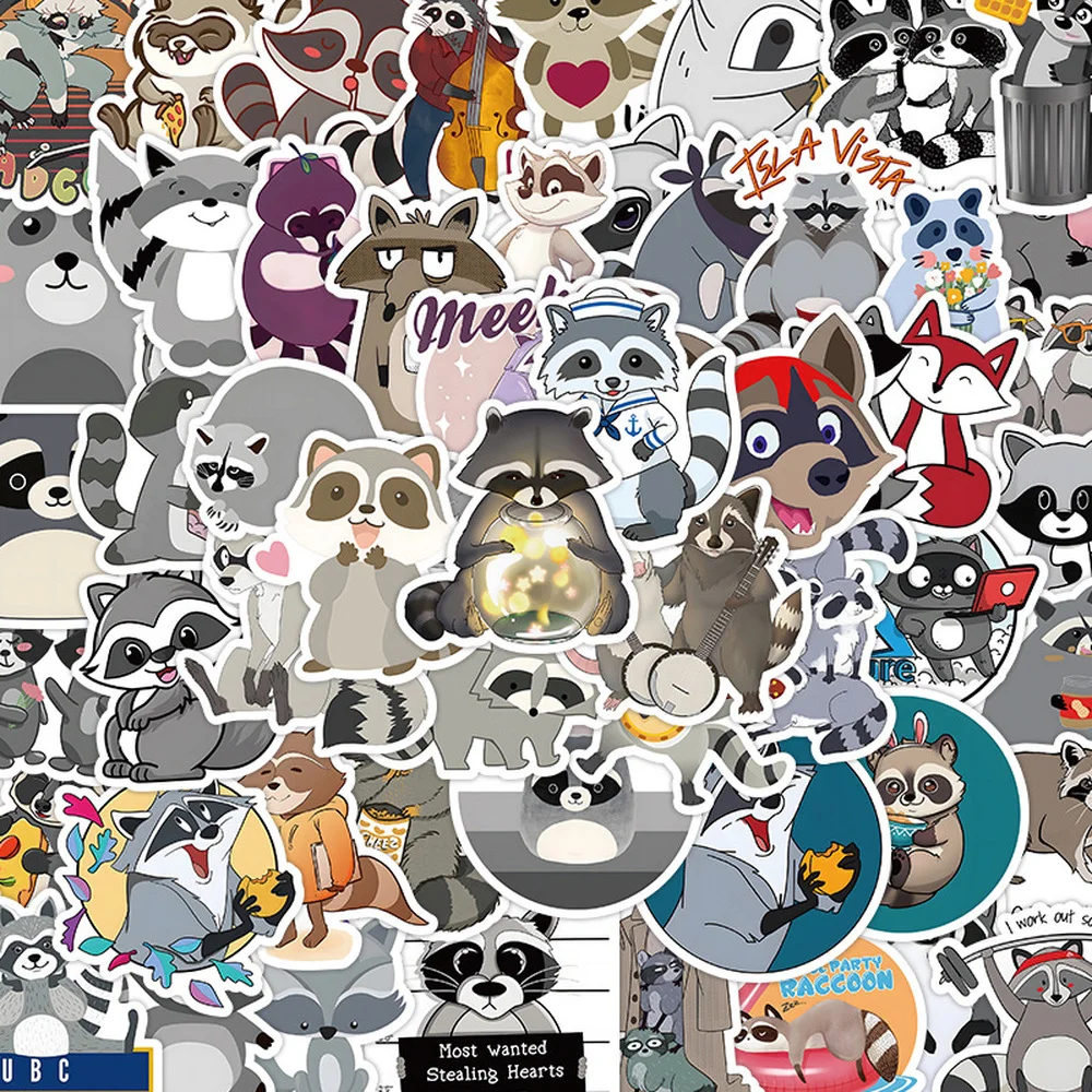 55Pcs Cute Cartoon Little Raccoon Doodle Waterproof Sticker Decorative Luggage Laptop Helmet Skateboard Kids Toys