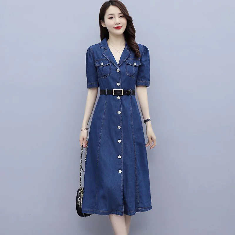 

Женское джинсовое платье-миди с поясом, облегающее однобортное офисное платье-трапеция из денима, лето